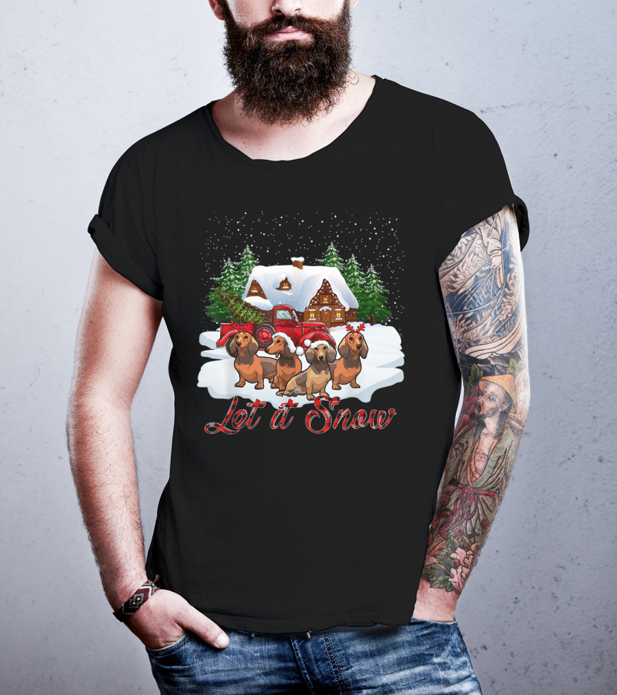 Santa Dachshund Let It Snow With Snowy Cabin And Red Truck T-Shirt