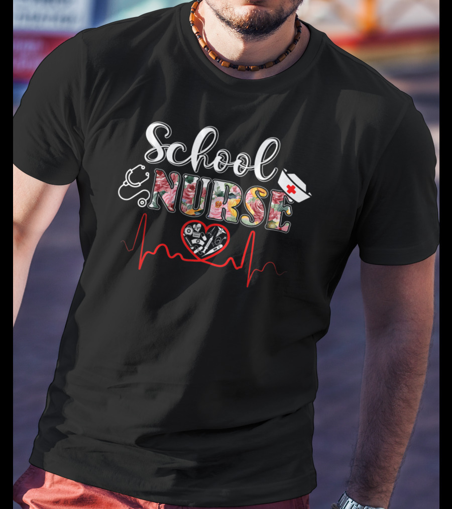 School Nurse Heartbeat Stethoscope Flower T-Shirt