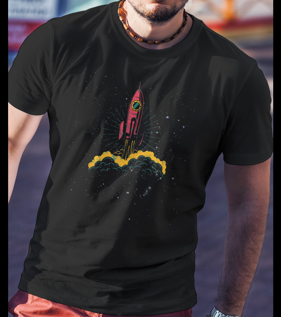 Scifi Red Rocket Launching Into Starry Night Sky With Space Adventure T-Shirt