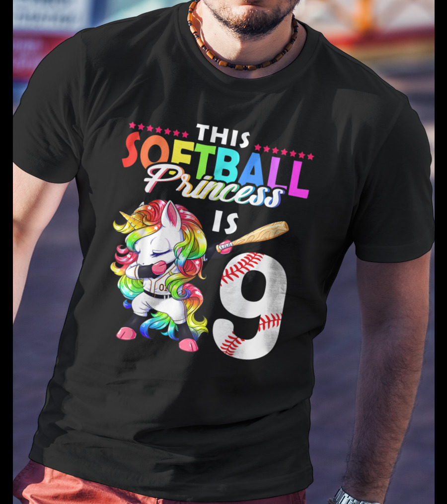 This Softball Princess Is 9 Unicorn Birthday Rainbow Bat T-Shirt