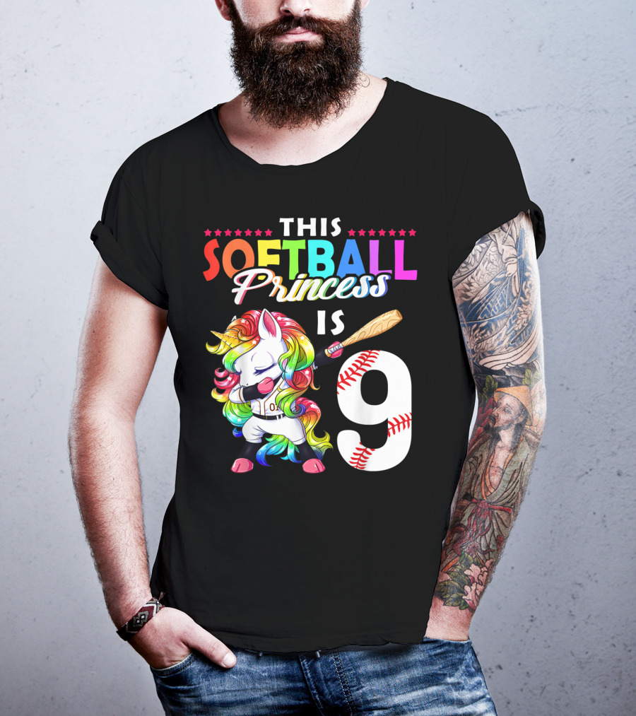 This Softball Princess Is 9 Unicorn Birthday Rainbow Bat T-Shirt