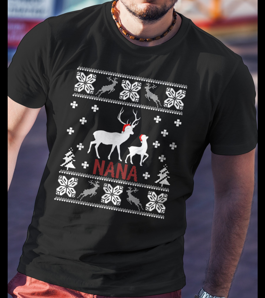 Ugly Christmas Nana Santa Reindeer Pattern Snowflakes Trees T-Shirt