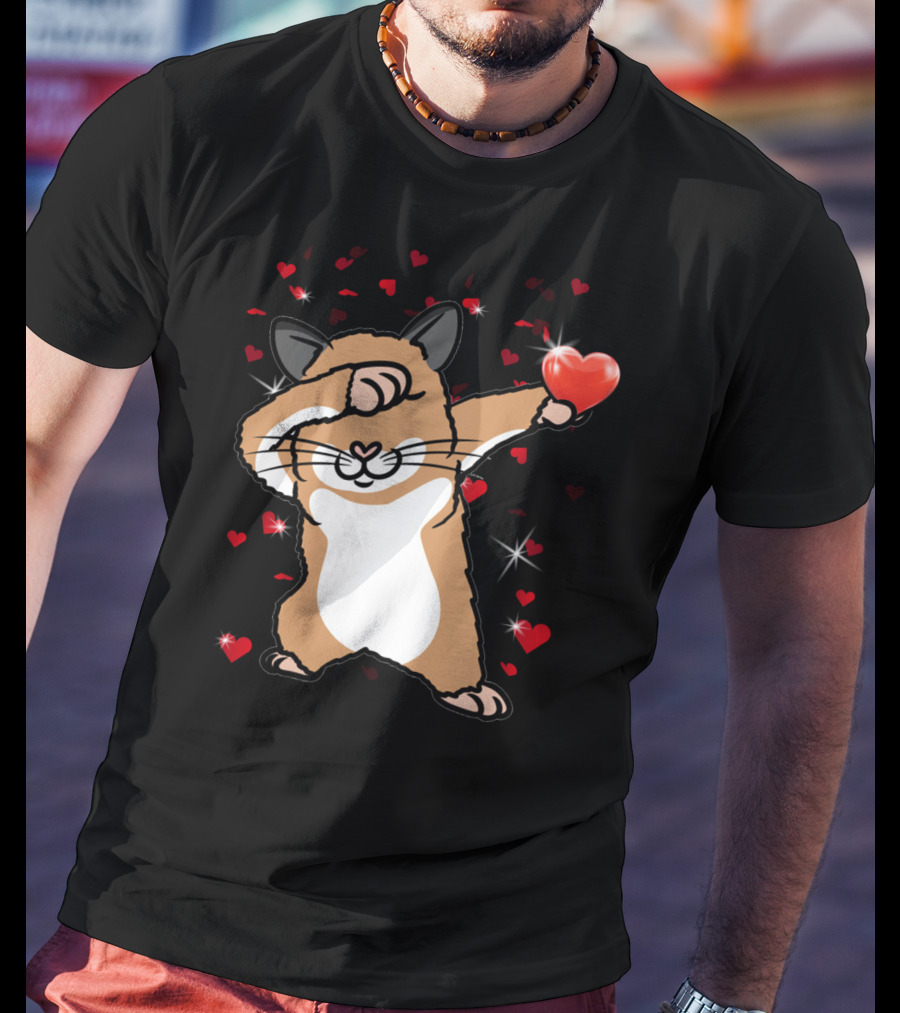 Valentine Girls Cute Dabbing Hamster With Heart And Sparkling Red Hearts T-Shirt