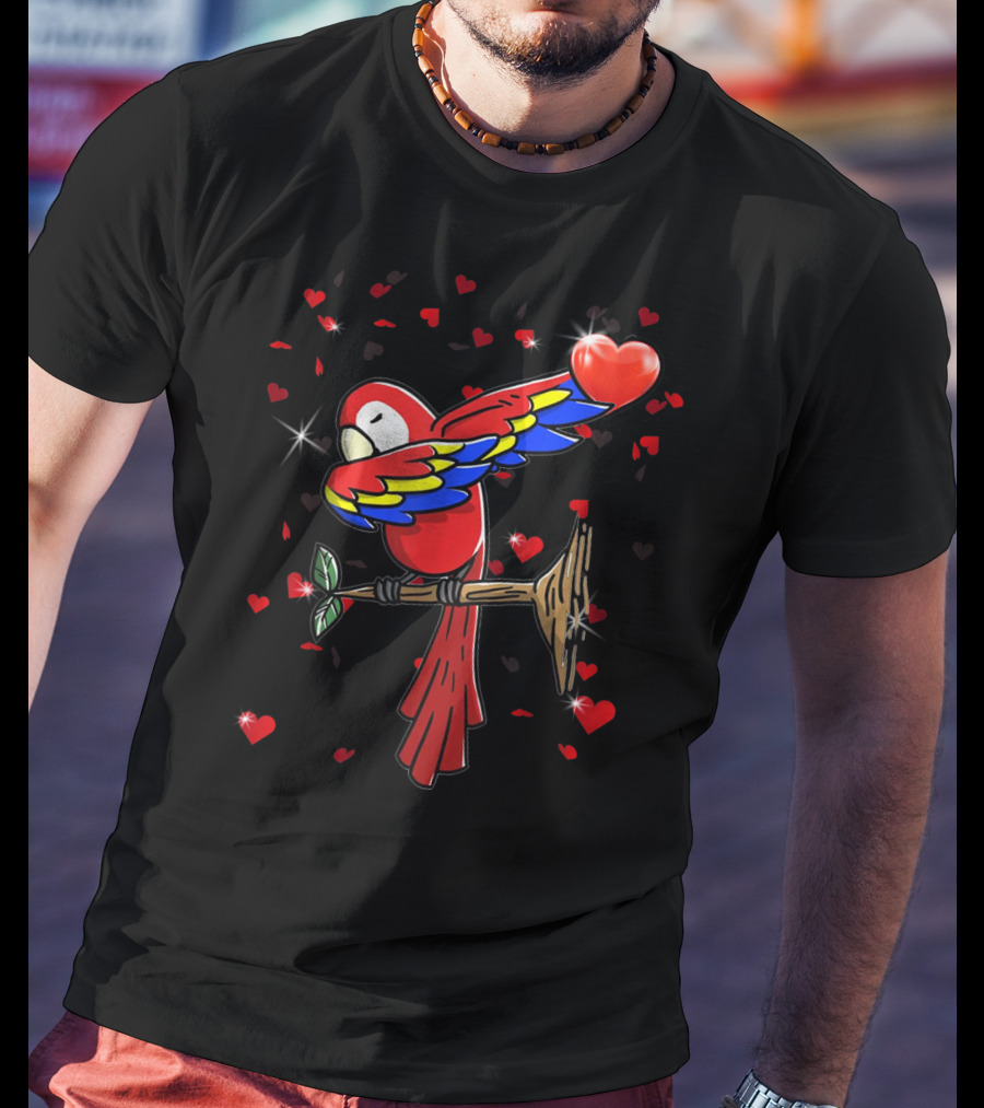 Valentine Girls Dabbing Parrot Red Heart Love T-Shirt
