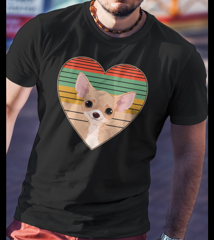 Vintage Chihuahua Heart Striped Retro Heart-Shaped T-Shirt