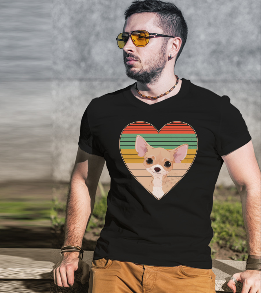 Vintage Chihuahua Heart Striped Retro Heart-Shaped T-Shirt