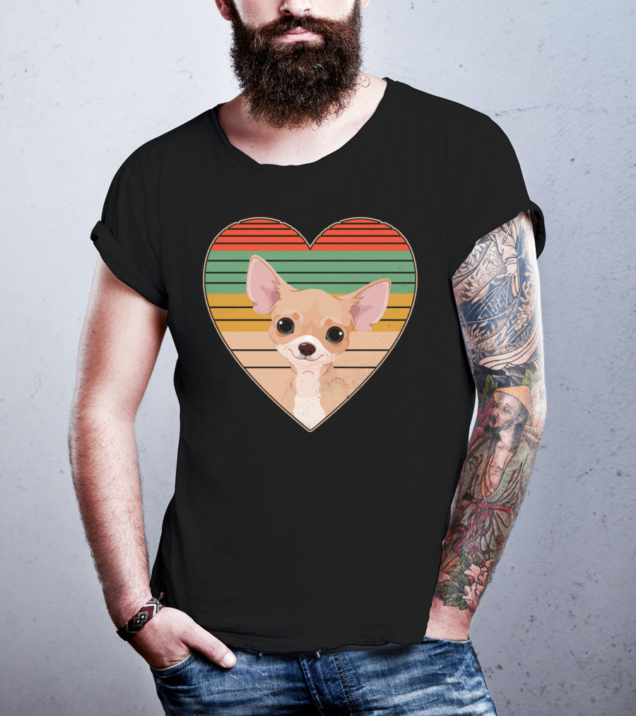 Vintage Chihuahua Heart Striped Retro Heart-Shaped T-Shirt