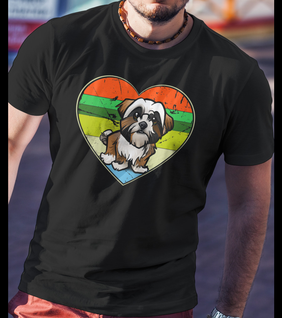 Vintage Heart Rainbow Shih Tzu Dog Valentine T-Shirt