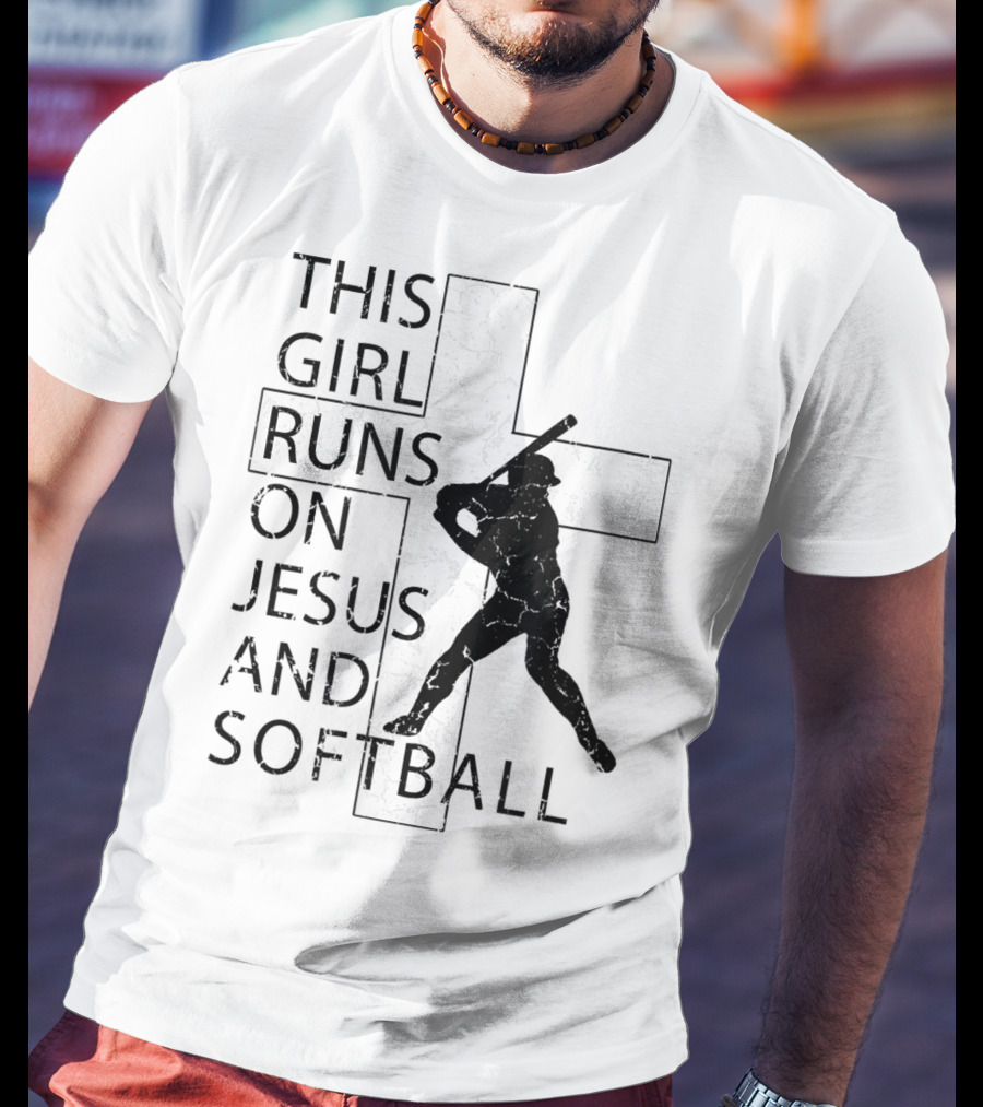 This Girl Runs On Jesus And Softball Silhouette With Cross T-Shirt