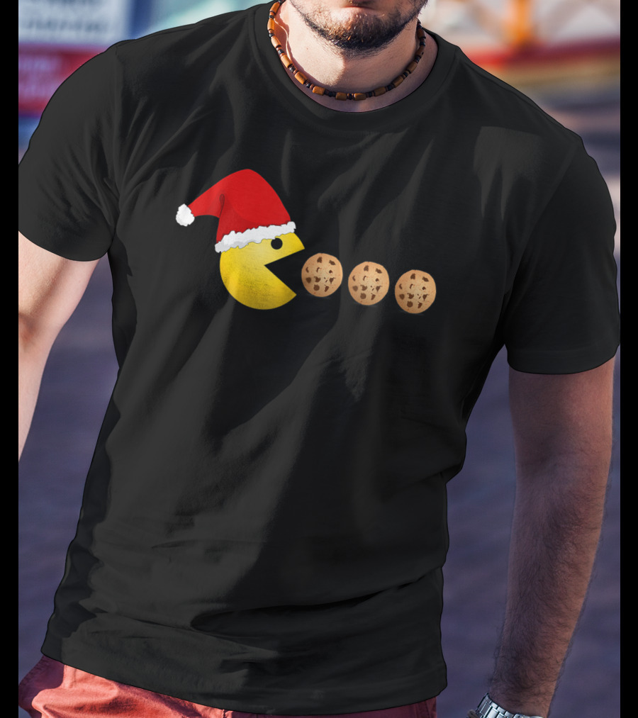 Funny Christmas Santa Pac-Man Cookies Classic Video Game T-Shirt
