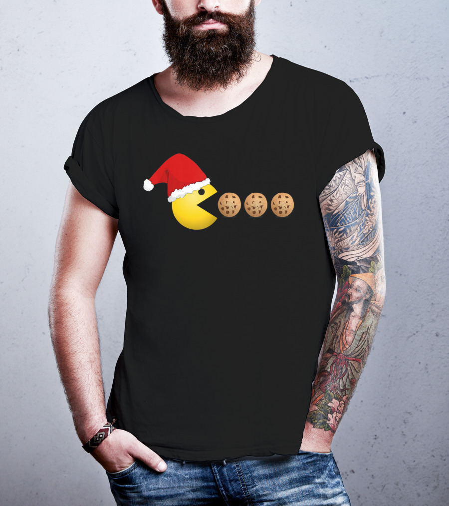 Funny Christmas Santa Pac-Man Cookies Classic Video Game T-Shirt