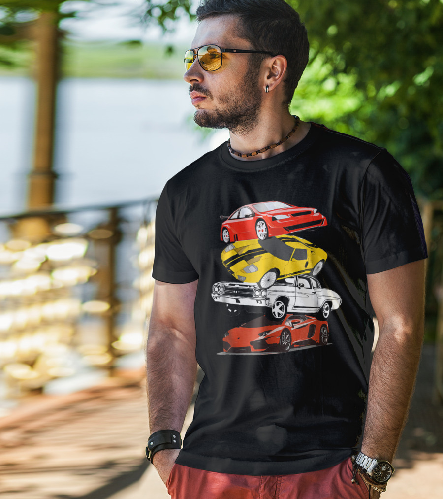 Funny Classic Cars Stacked Red Yellow Black White Racing Cars T-Shirt