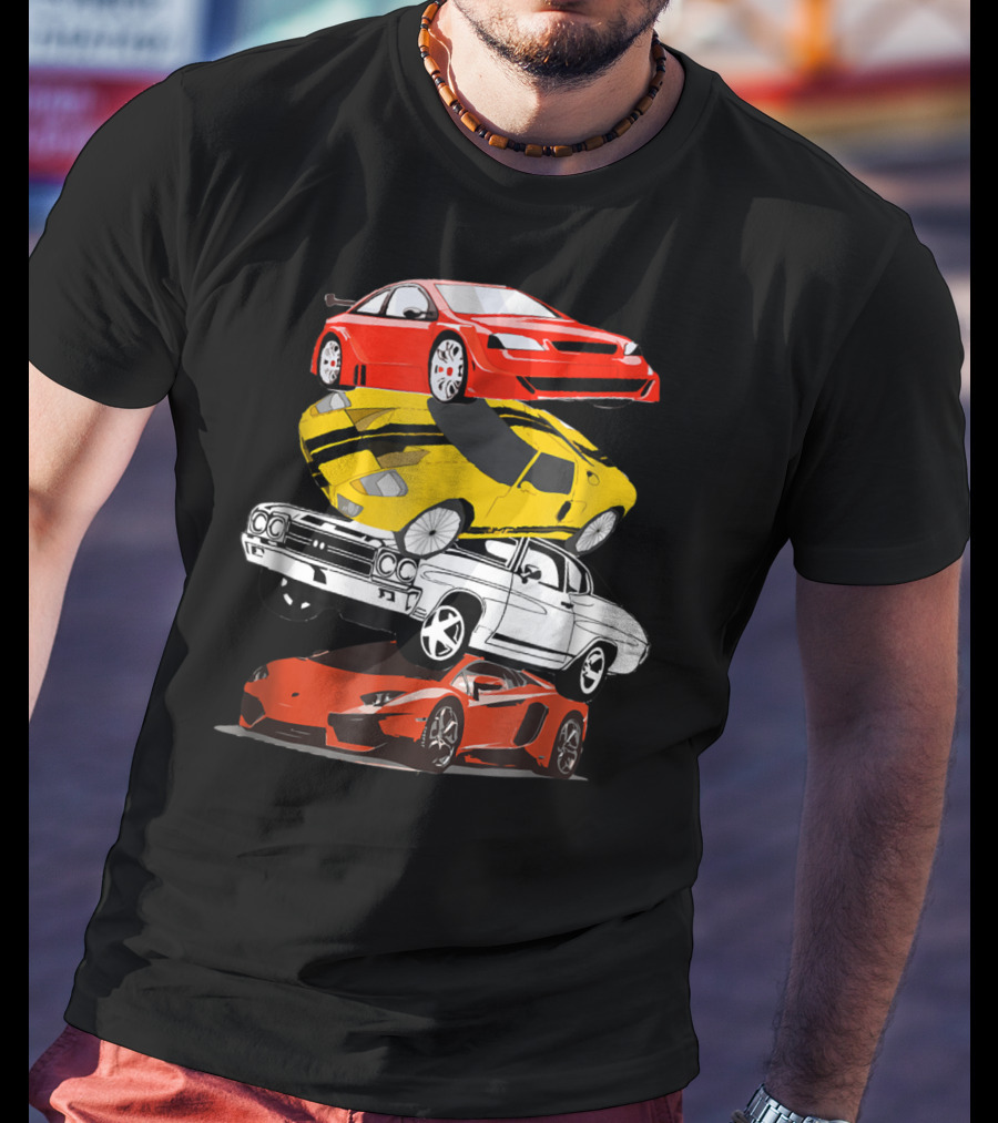 Funny Classic Cars Stacked Red Yellow Black White Racing Cars T-Shirt
