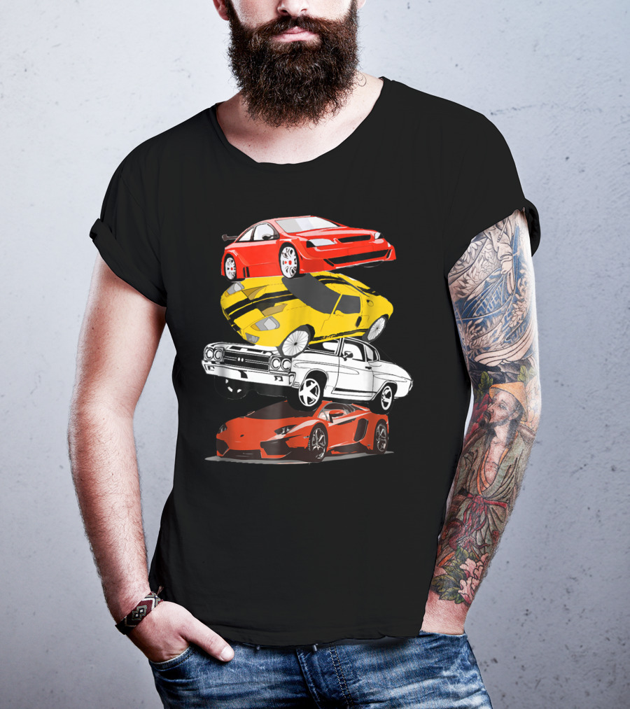 Funny Classic Cars Stacked Red Yellow Black White Racing Cars T-Shirt