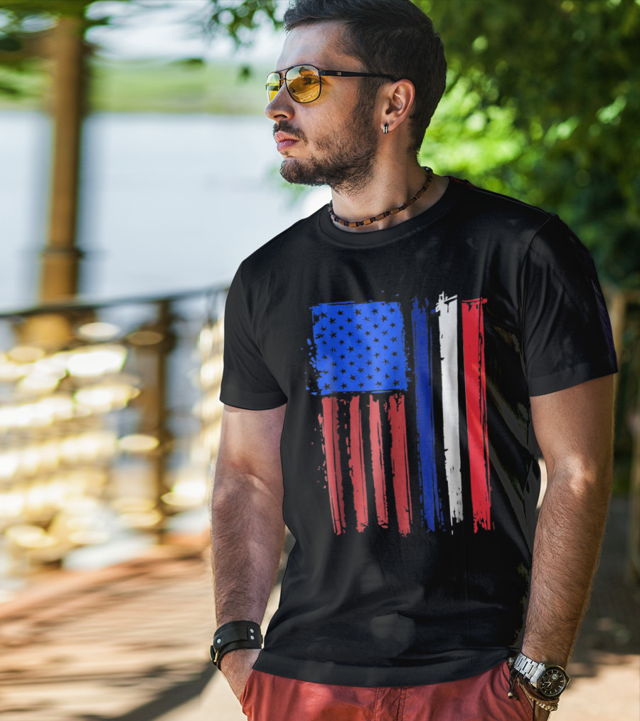 Half French American Flag Classic Patriot Stars And Stripes Paint T-Shirt