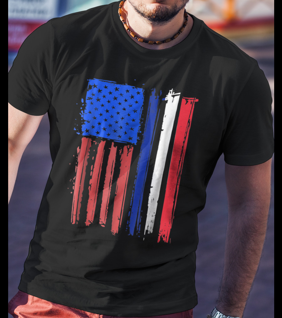 Half French American Flag Classic Patriot Stars And Stripes Paint T-Shirt