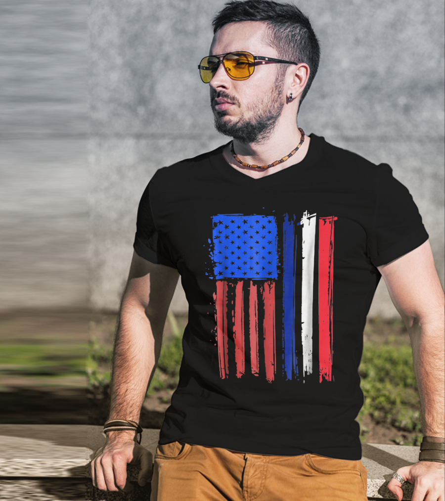 Half French American Flag Classic Patriot Stars And Stripes Paint T-Shirt