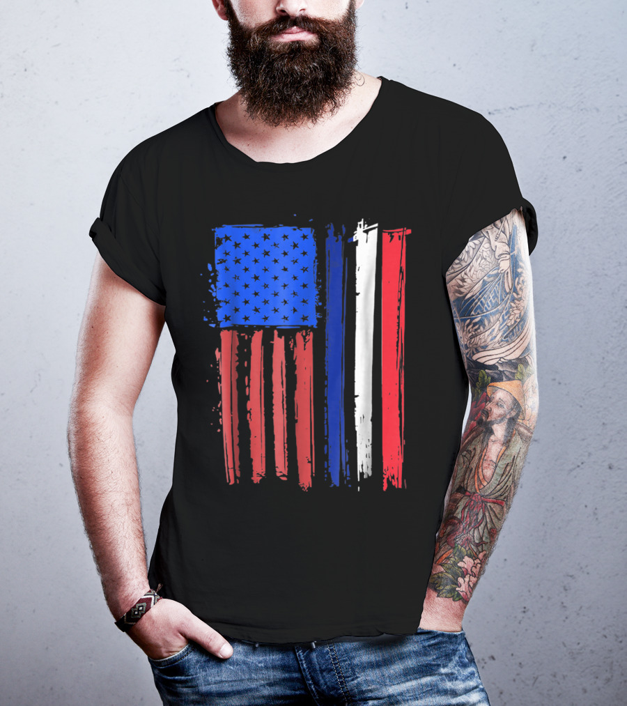 Half French American Flag Classic Patriot Stars And Stripes Paint T-Shirt