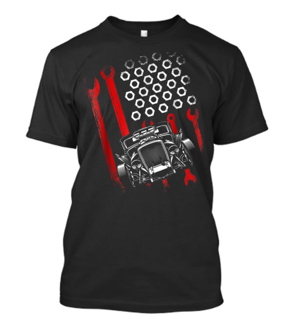 Hot Rod Life Classic Car Slammed Truck Fathers American Wrench Flag T-Shirt