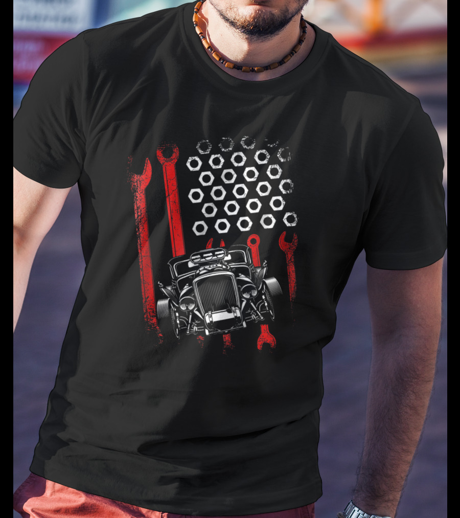 Hot Rod Life Classic Car Slammed Truck Fathers American Wrench Flag T-Shirt