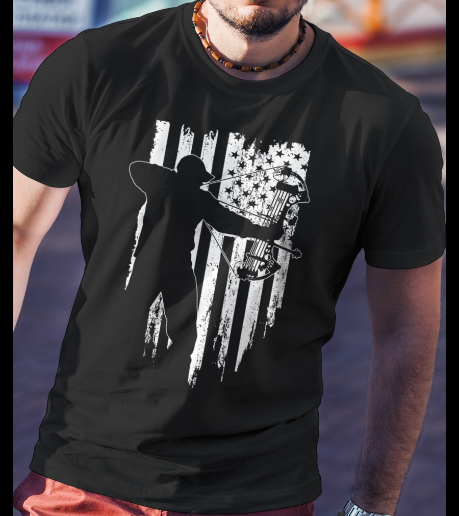 American Patriotic Archer Silhouette With Compound Bow And Flag T-Shirt