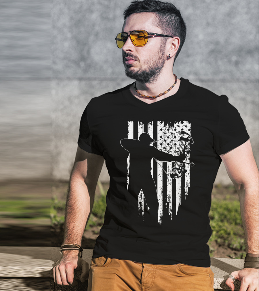 American Patriotic Archer Silhouette With Compound Bow And Flag T-Shirt