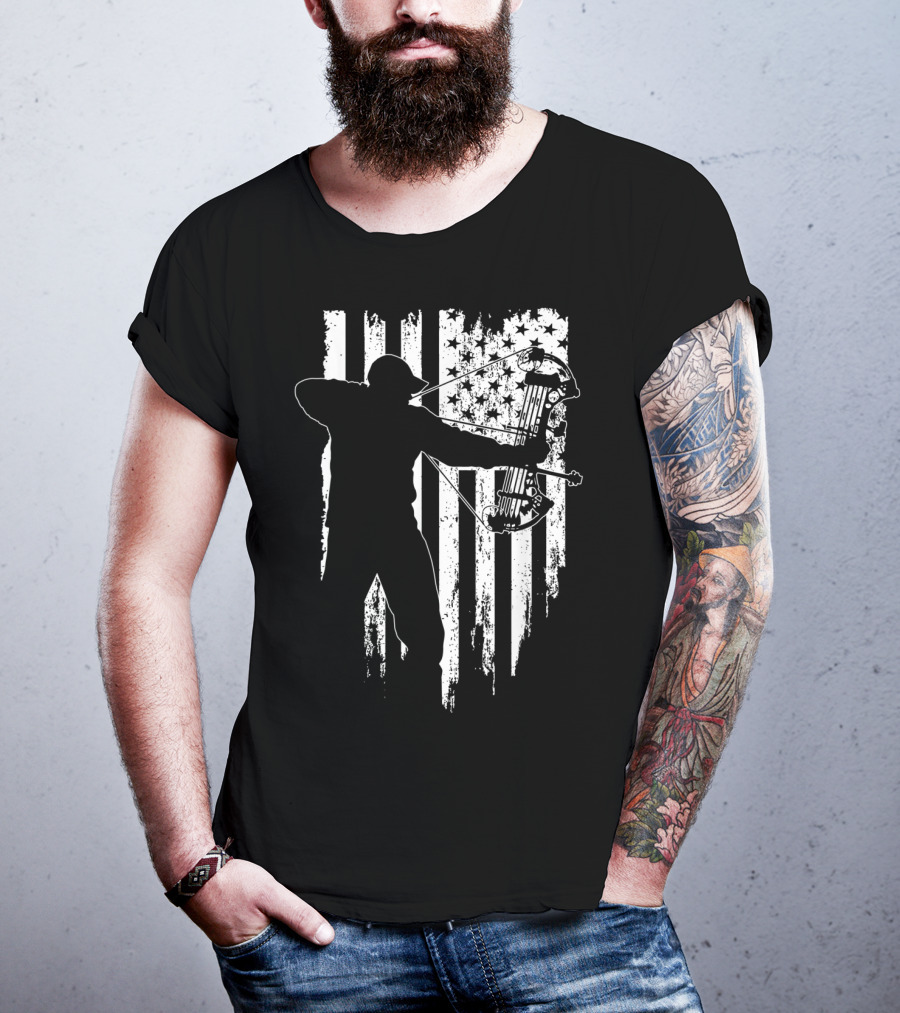 American Patriotic Archer Silhouette With Compound Bow And Flag T-Shirt