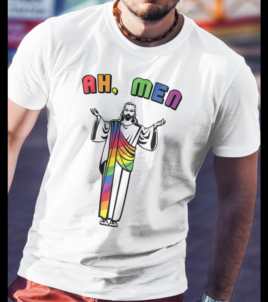 Ah Men Funny Gay Jesus Rainbow Pride T-Shirt