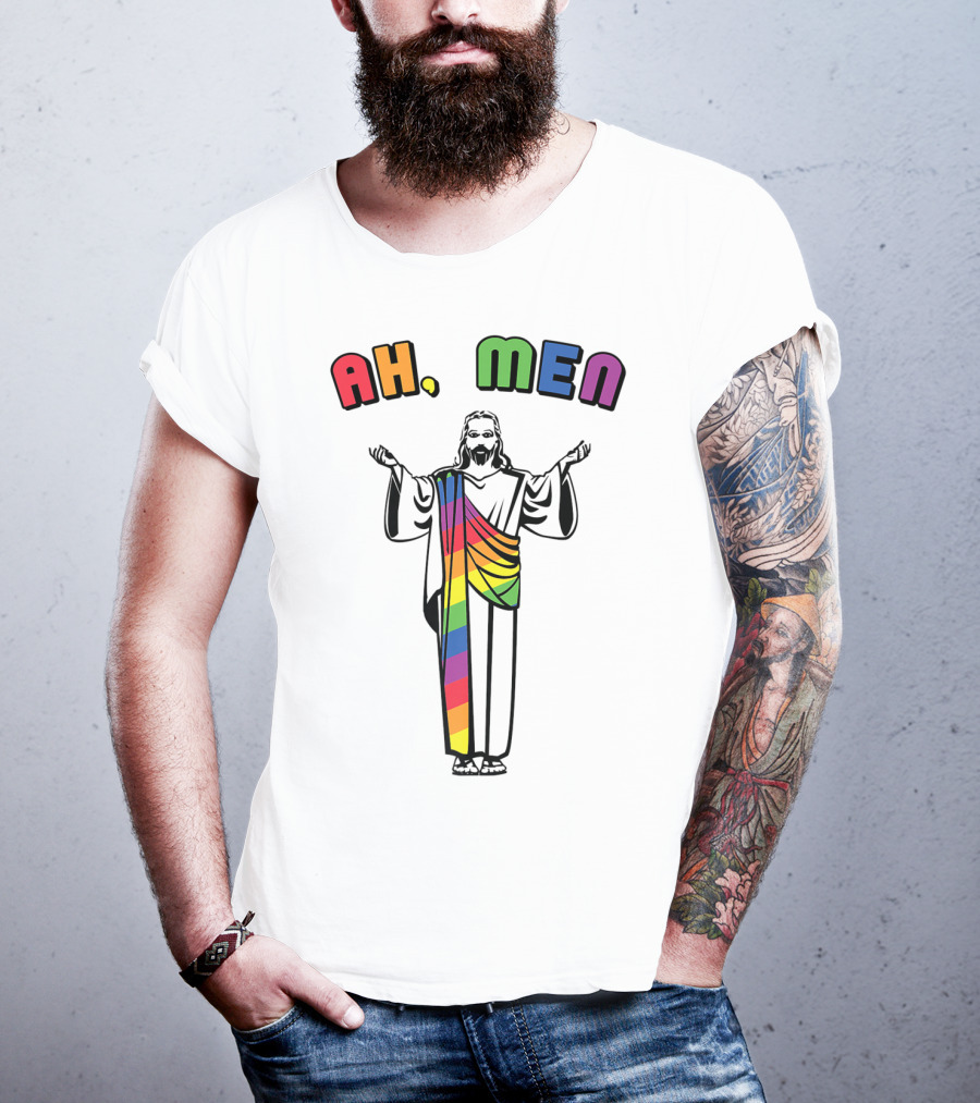 Ah Men Funny Gay Jesus Rainbow Pride T-Shirt