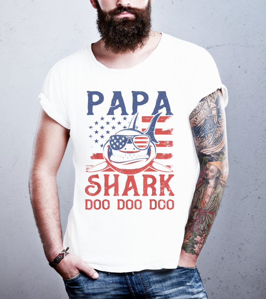 Papa Shark Doo Doo Doo American Flag Sunglasses T-Shirt