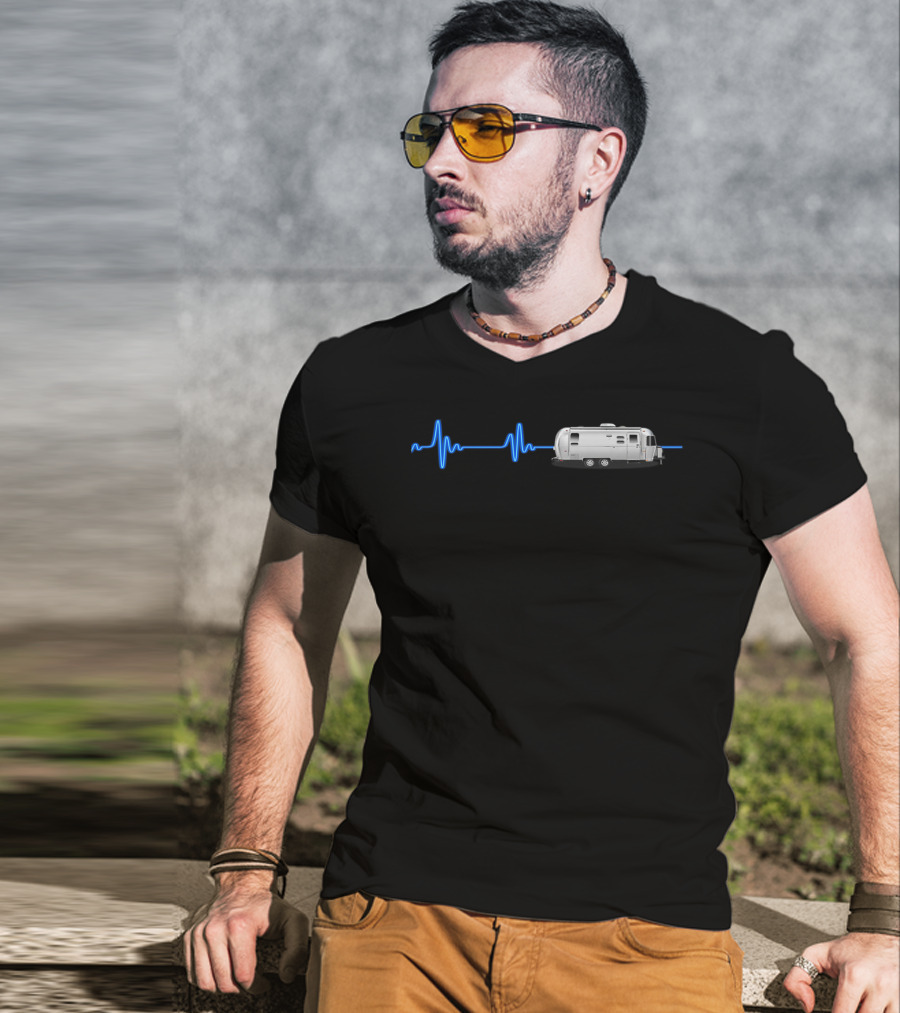 Airstream With Blue Neon Heartbeat T-Shirt