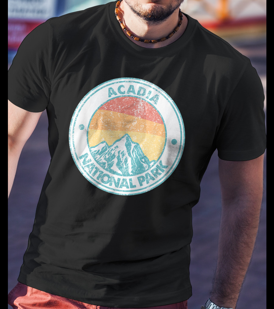 Acadia National Park Vintage Mountain Sunset Circle Badge T-Shirt