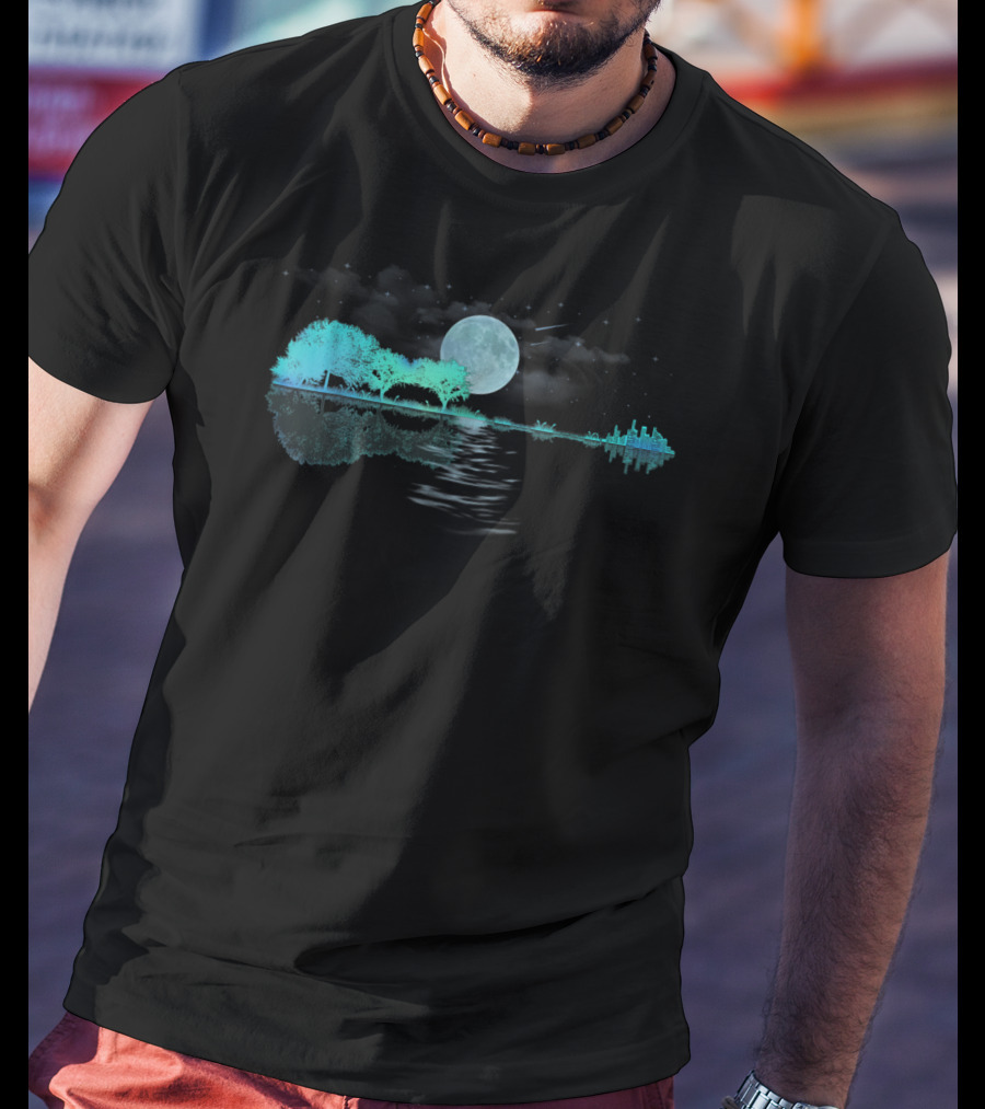 Acoustic Guitar Player Birthday Moonlit Lake Scene T-Shirt