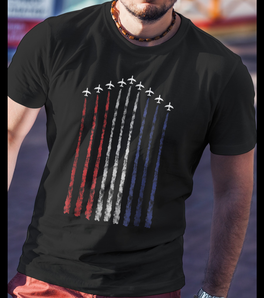 American Flag Fighter Jets Contrails USA Red White Blue T-Shirt