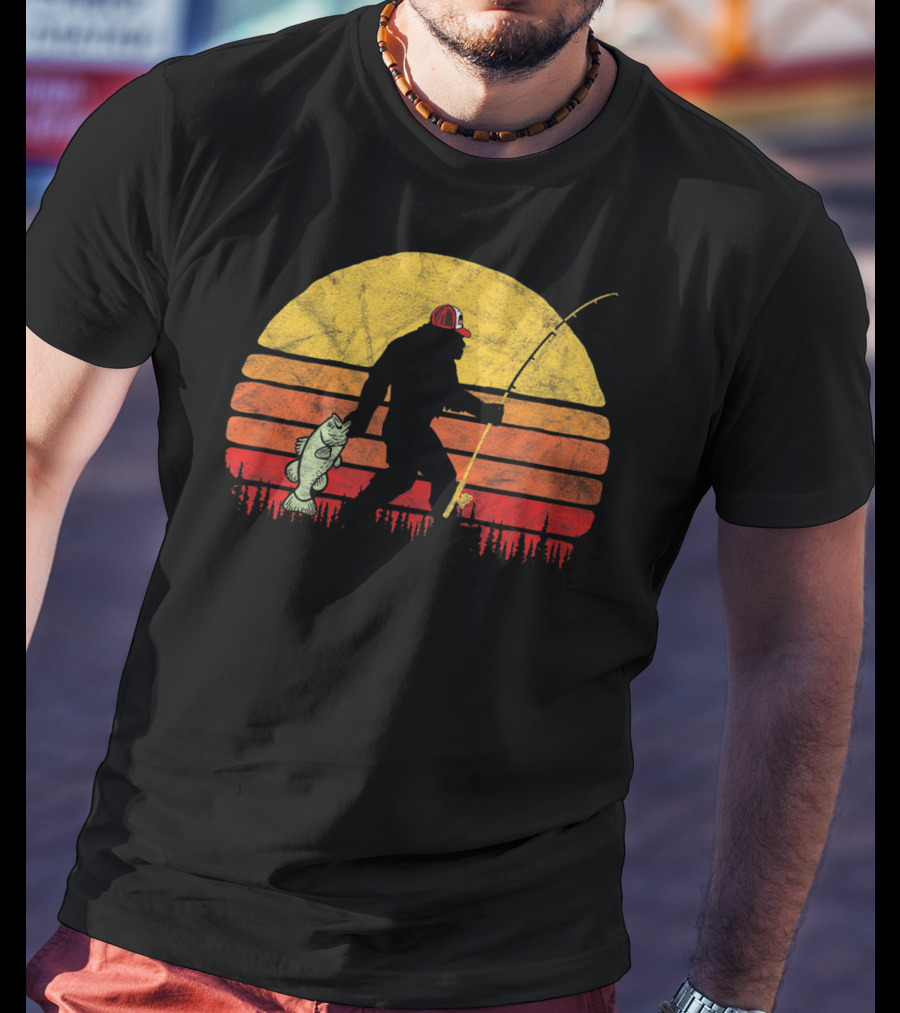 Bigfoot Bass Fishing Legend In Trucker Hat With Sunset T-Shirt