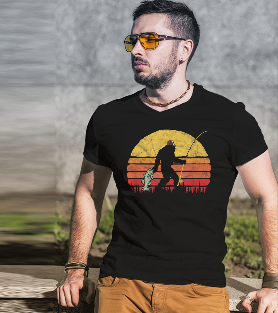 Bigfoot Bass Fishing Legend In Trucker Hat With Sunset T-Shirt