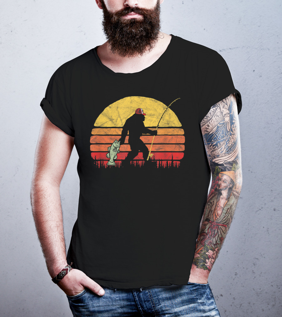 Bigfoot Bass Fishing Legend In Trucker Hat With Sunset T-Shirt