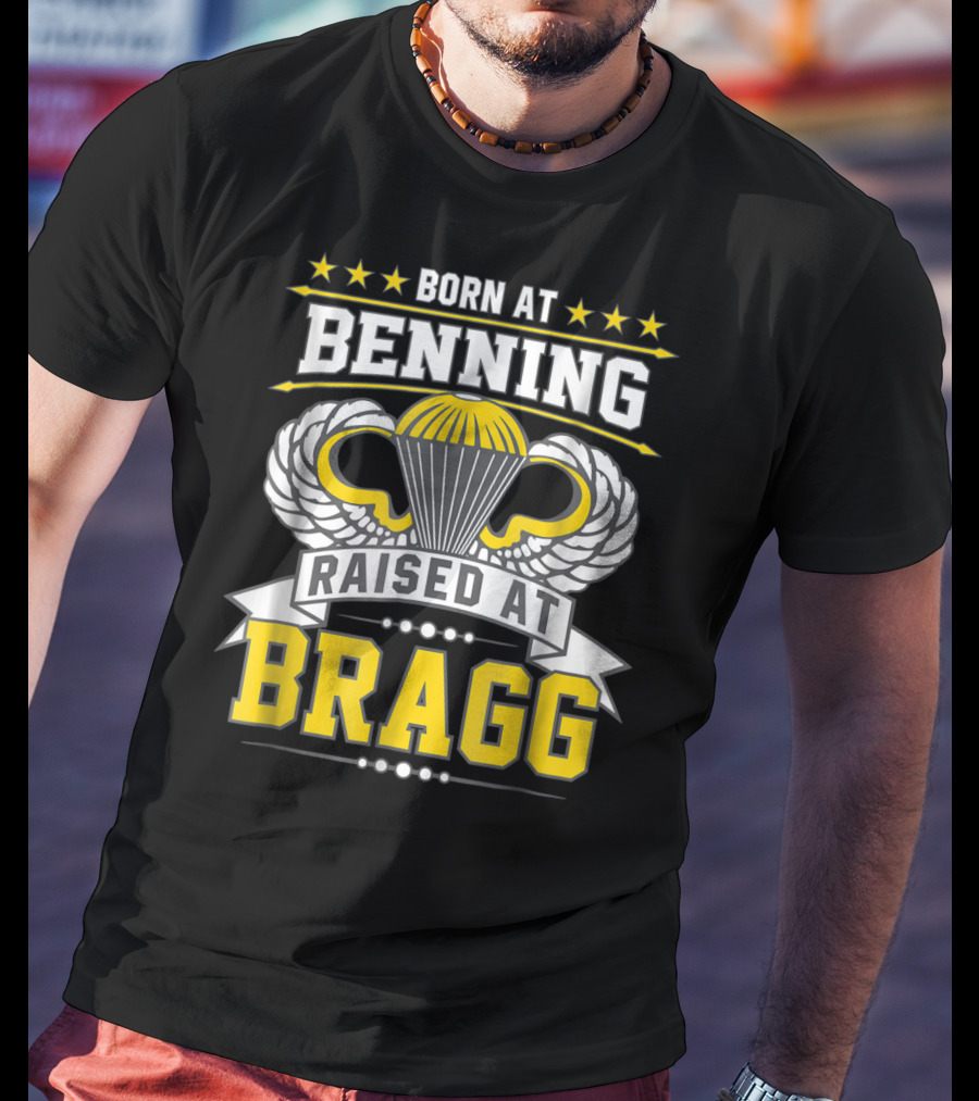 Born At Benning Raised At Bragg Airborne Paratrooper Wings T-Shirt