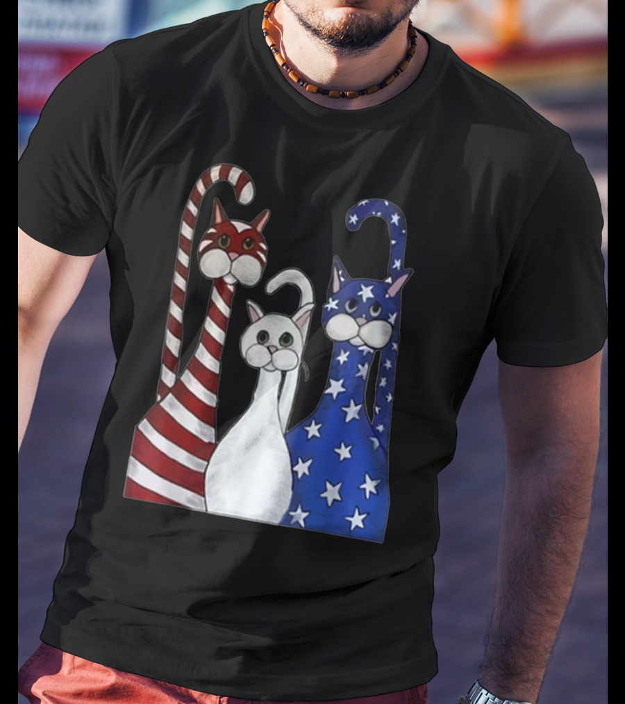Cat American Flag USA Paws Patriotic Red White Blue Stars Stripes T-Shirt