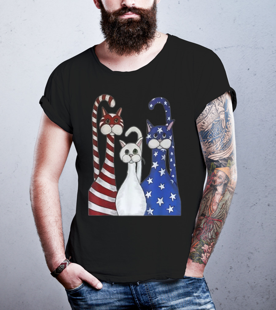 Cat American Flag USA Paws Patriotic Red White Blue Stars Stripes T-Shirt