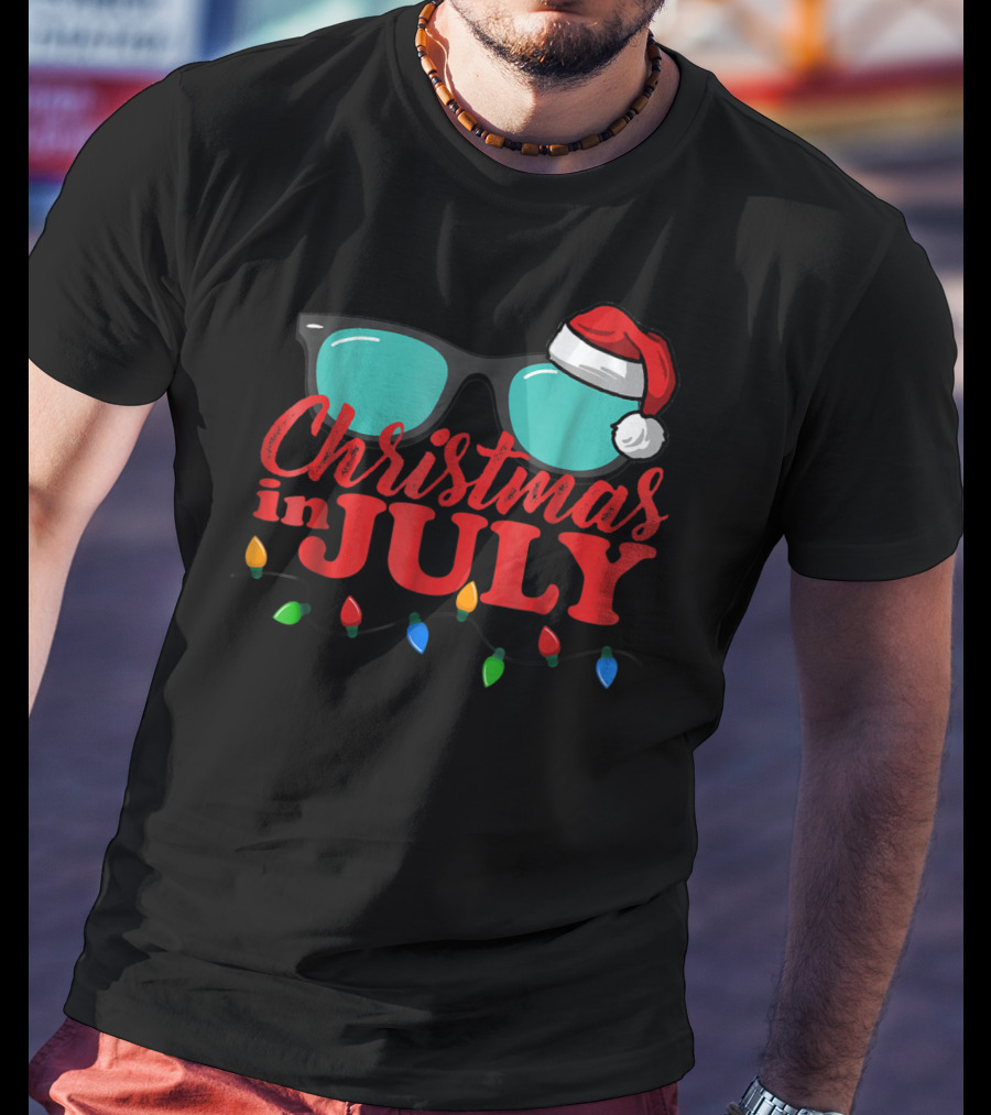 Christmas In July Santa Hat Sunglasses Summer Lights T-Shirt