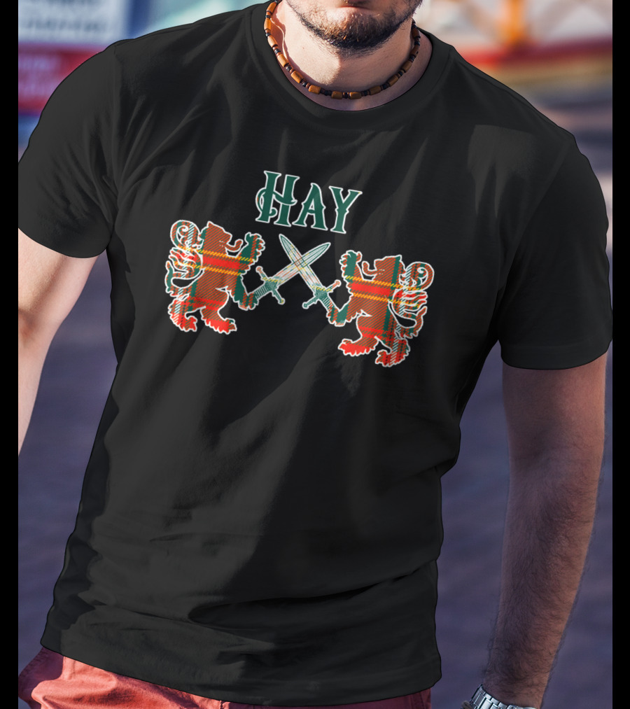 Clan Hay Scottish Family Tartan Lions With Swords T-Shirt