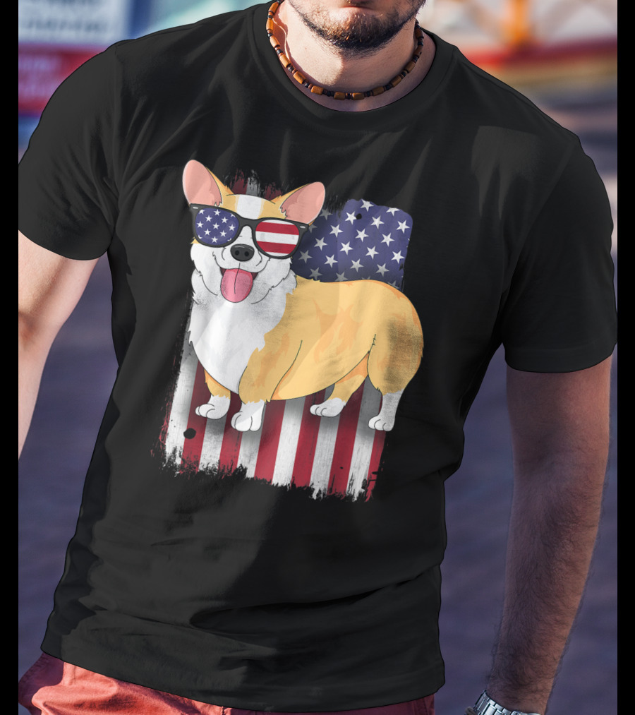 Corgi With Sunglasses American Flag Background T-Shirt