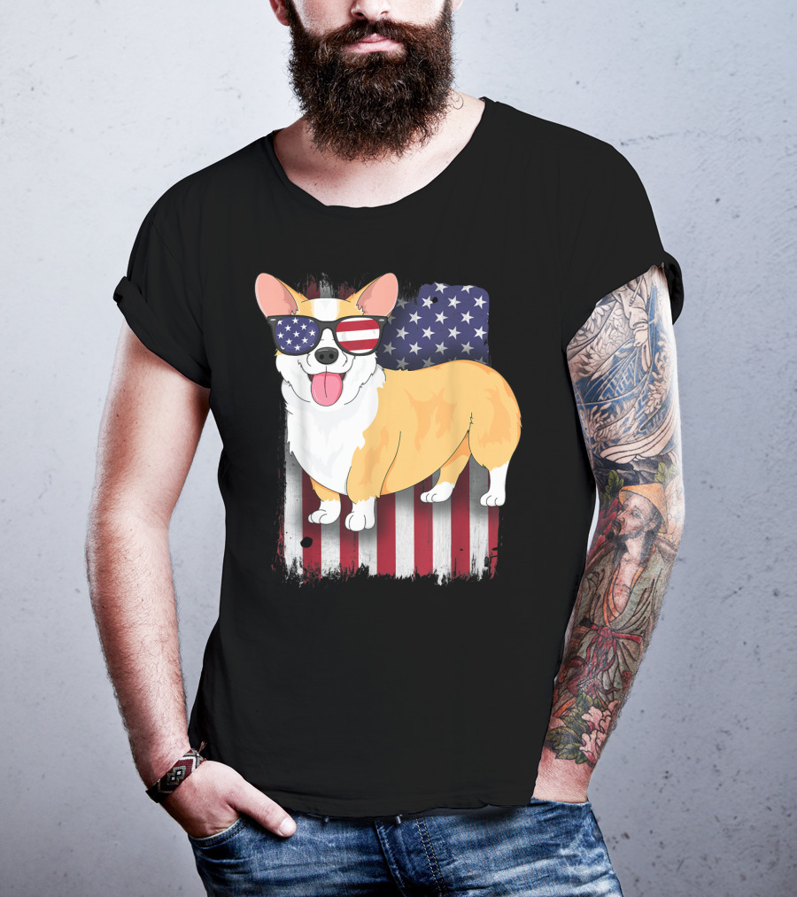 Corgi With Sunglasses American Flag Background T-Shirt