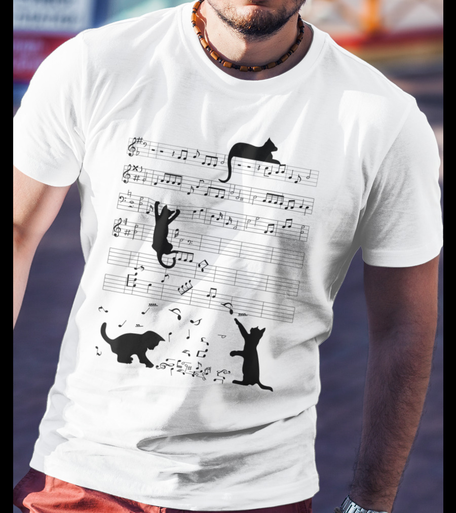 Cute Cat Kitty Climbing And Sitting With Music Notes And Clef T-Shirt