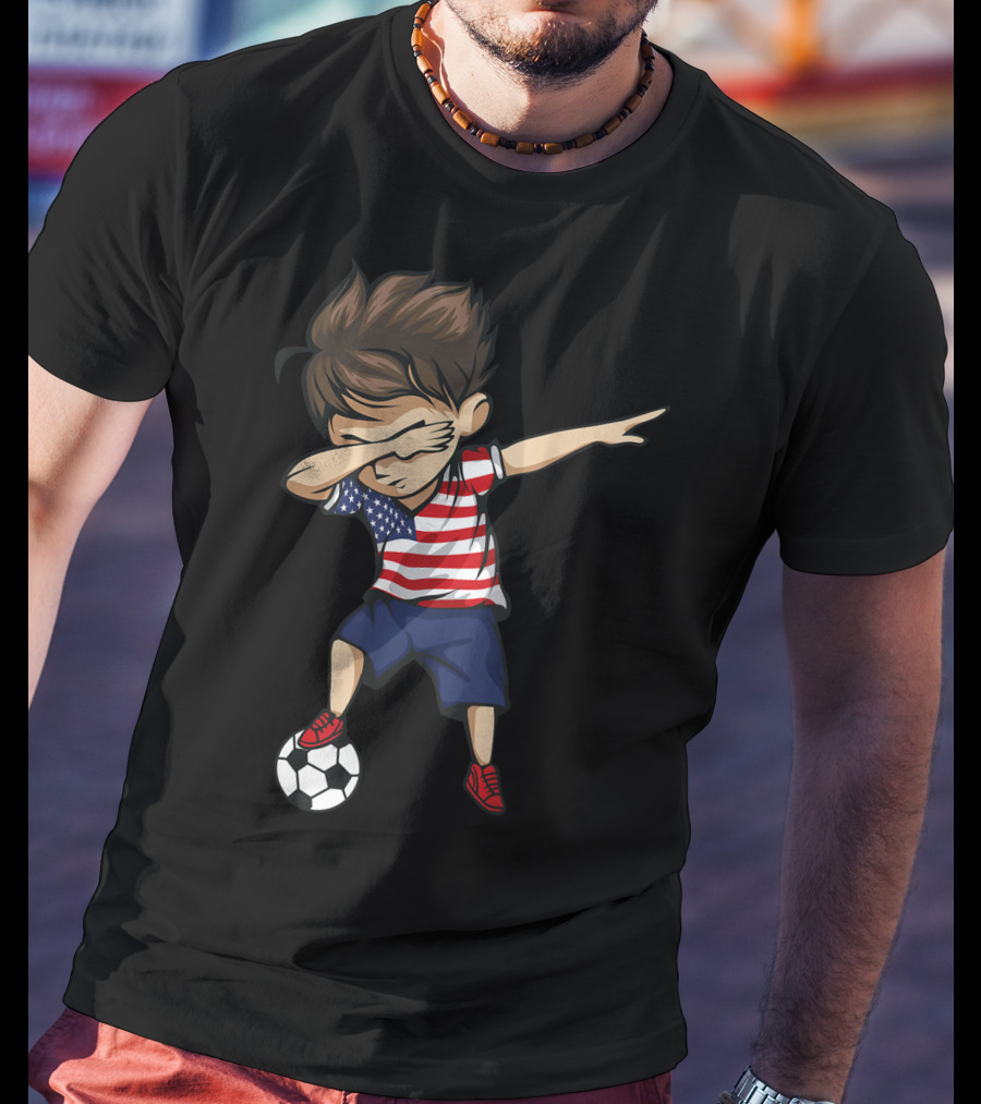 Dabbing Soccer Boy In American Flag Jersey With Soccer Ball T-Shirt