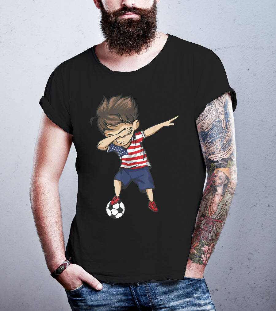 Dabbing Soccer Boy In American Flag Jersey With Soccer Ball T-Shirt