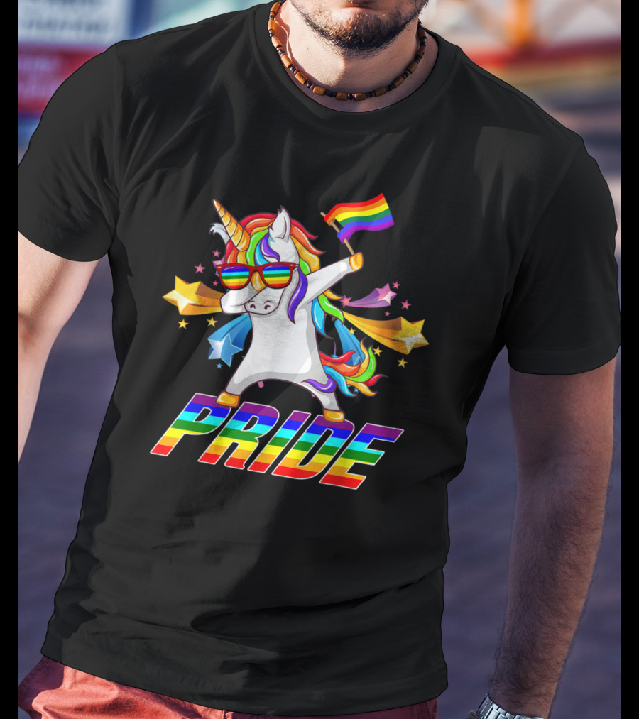 Dabbing Unicorn Rainbow Pride With Stars And Flag T-Shirt