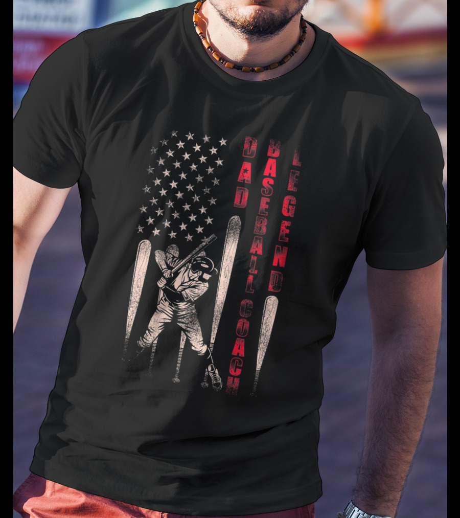 Dad Baseball Coach Legend American Flag Patriotic Batter T-Shirt