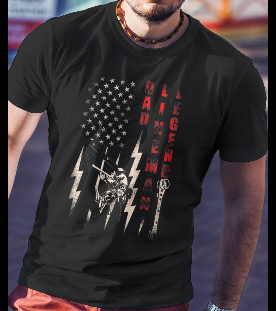 Dad Lineman Legend American Flag Lightning Bolt Wrench T-Shirt